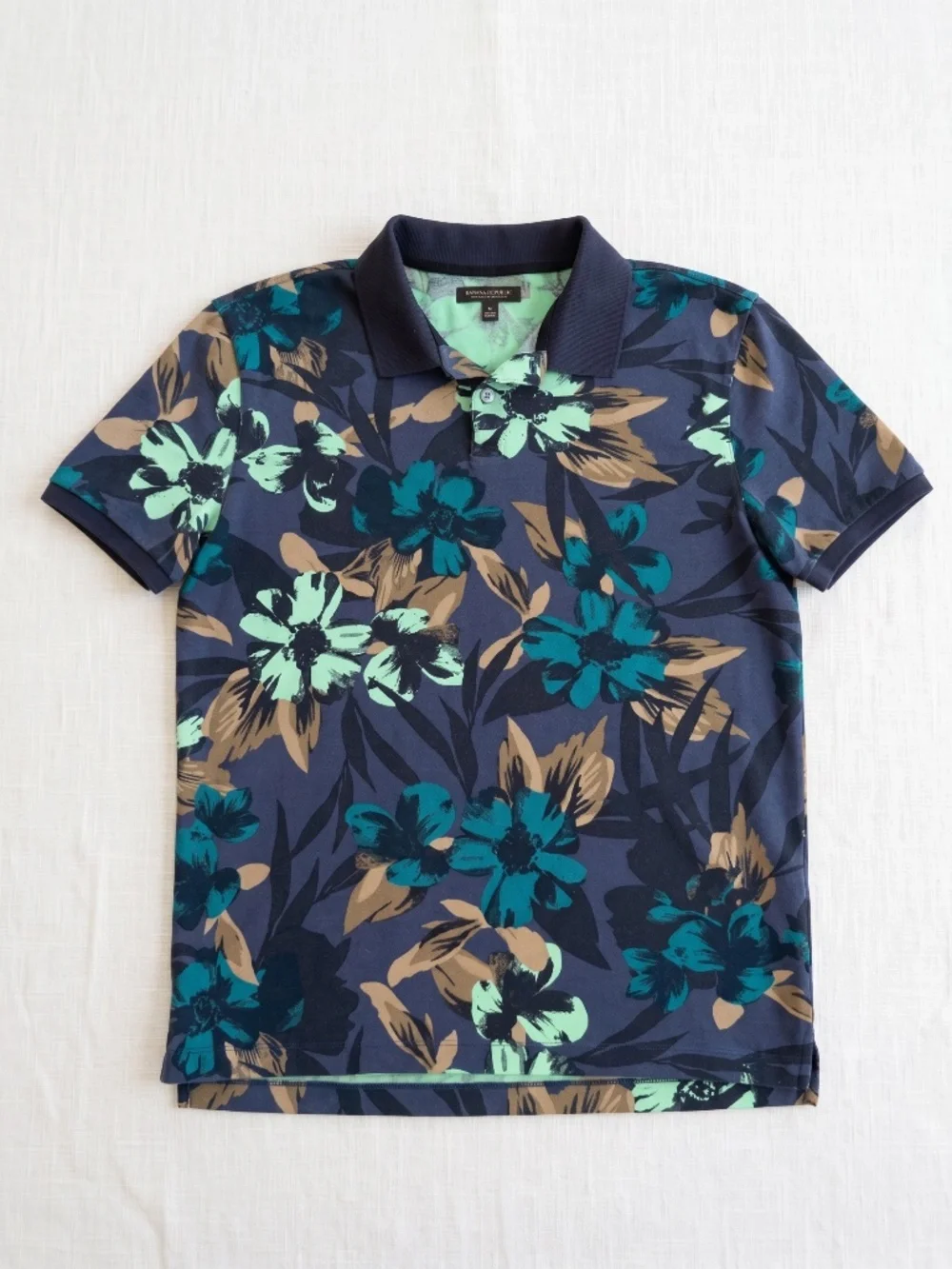 Banana Republic Mens Large Performance Pique Polo Shirt Blue Floral Stretch Golf